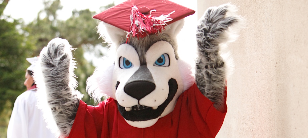 Students Posing with a Celebratory Louie the Lobo